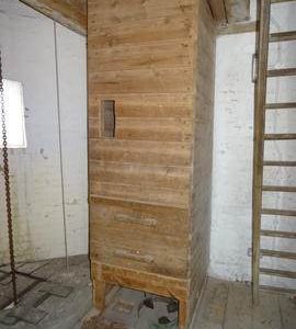 Third floor up: spout from bins, Downfield Mill, Soham