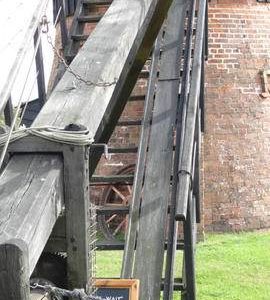 Tailpole, winch, steps and sack slide, Danzey Green Mill, Avoncroft Museum