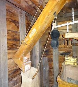 Spout, meal ark and hand tentering gear, Danzey Green Mill, Avoncroft Museum