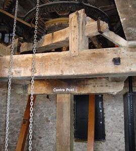Great spur wheel, secondary cog ring, auxiliary drive and upright shaft support frame, Fulwell Mill,