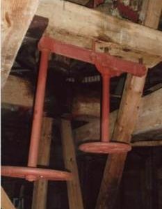 Tentering gear support framing, iron bridgetree and hand tentering wheels, King's Mill, Shipley