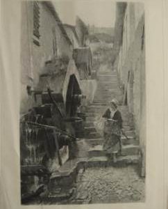 Engraving of ?Spanish village scene with 3 well drawn waterwheels
