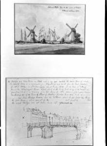Fallows Mill 1795 and New Boston Bridge Mill 1742, sketches of mill, from Municipal Building Boston