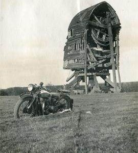 Post mill, Bledlow Ridge, decaying, with motorbike