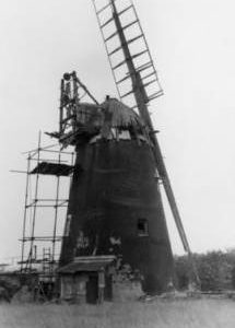 Scaffolding erected for work, tower mill, Thelnetham