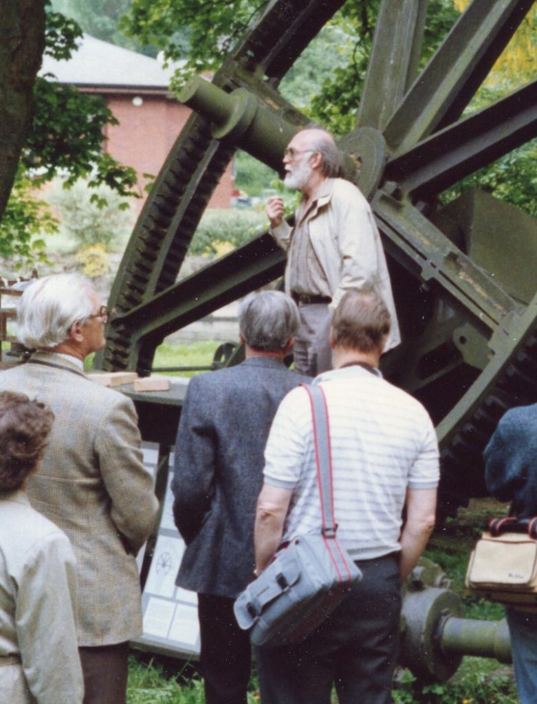 Alan in May 1988 explaining to a group from the SPAB Mills Section the need to rebuild the Godalming water turbine