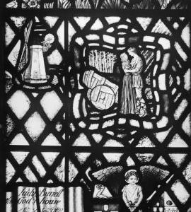 Stained glass window with smock mill